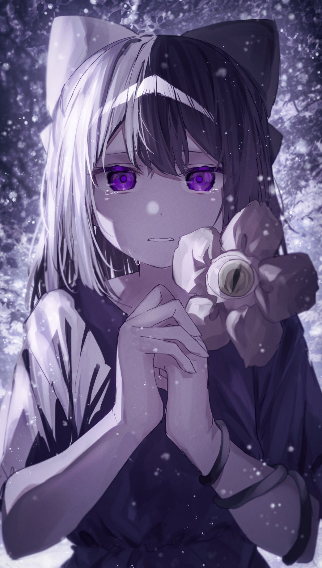1girl, aliza_(horrortale), alternate_universe, bow, bright_pupils, brown_hair, clenched_teeth, collarbone