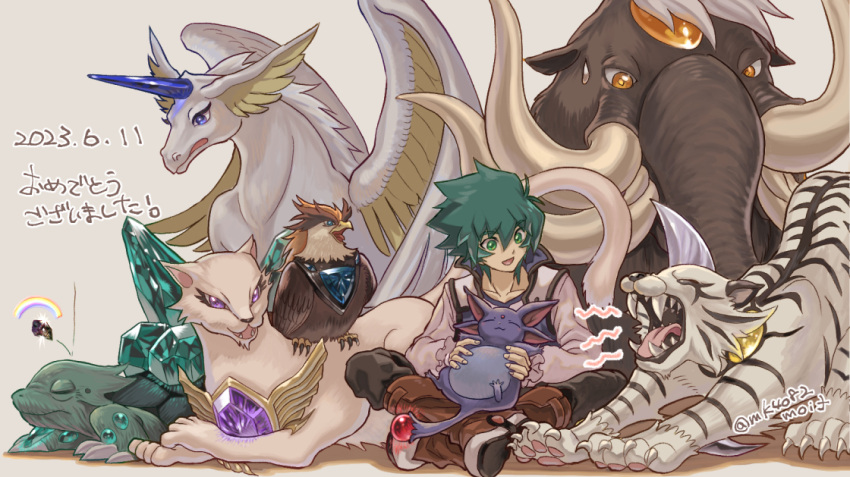 1boy, blue_eyes, boots, brown_footwear, collarbone, crystal_beast_amber_mammoth, crystal_beast_amethyst_cat, crystal_beast_cobalt_eagle
