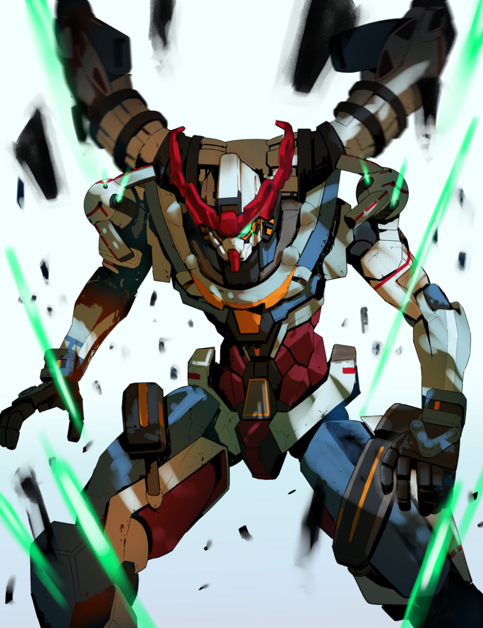 commentary_request, facing_viewer, glowing, glowing_eye, gquuuuuux, green_eyes, gundam, gundam_gquuuuuux