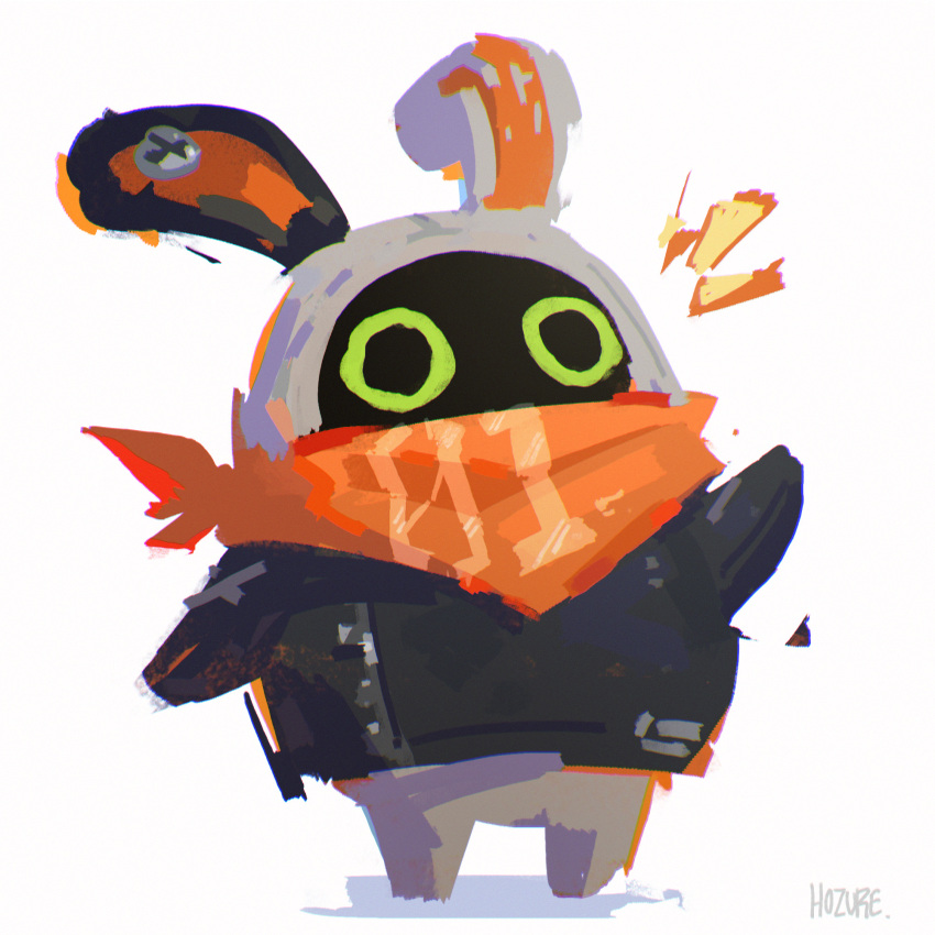animal_ears, bangboo_(zenless_zone_zero), black_jacket, eous_(zenless_zone_zero), highres, hozure, jacket, non-humanoid_robot, orange_scarf, rabbit_ears, robot, robot_animal, scarf, screw, simple_background, waving, white_background, yellow_eyes, zenless_zone_zero