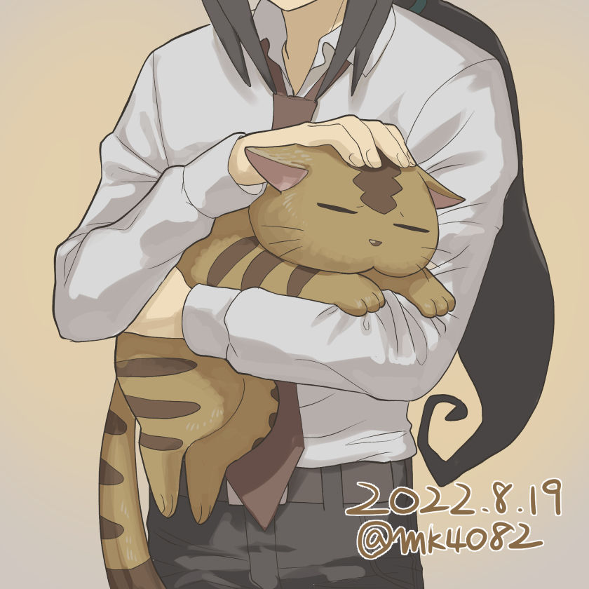 1boy, animal, black_hair, black_pants, brown_background, brown_necktie, cat, daitokuji