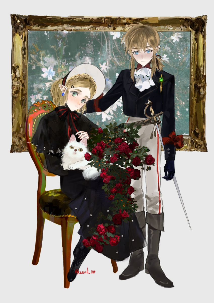 1boy, 1girl, artist_name, ascot, black_capelet, black_dress, black_gloves, black_jacket