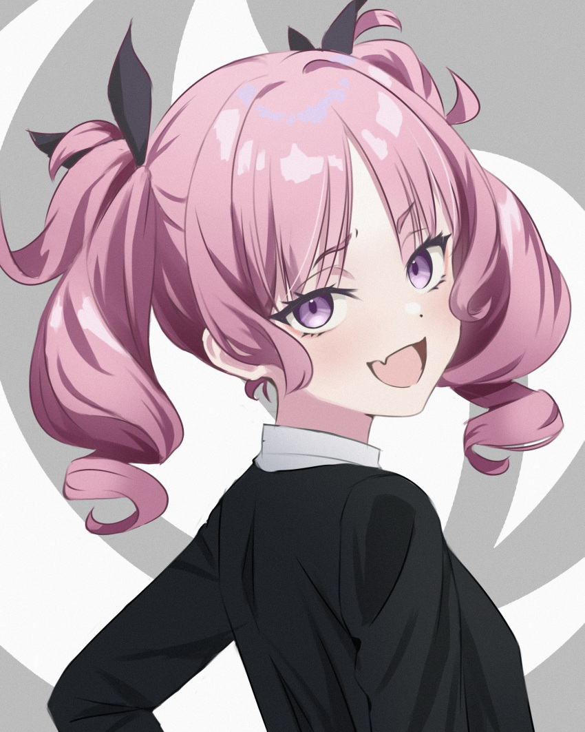 1girl, absurdres, aoi_nadeshiko, black_jacket, blush, commentary, fang, gakuen_idolmaster, gokugetsu_academy_uniform, highres, idolmaster, jacket, long_hair, looking_at_viewer, looking_to_the_side, nau_umi, pink_eyes, pink_hair, school_uniform, skin_fang, smile, solo, twintails, upper_body