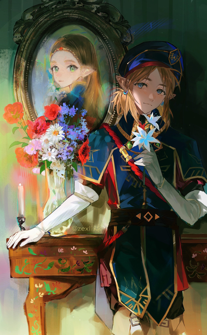 1boy, 1girl, absurdres, artist_name, blonde_hair, blue_hair, bouquet, candle