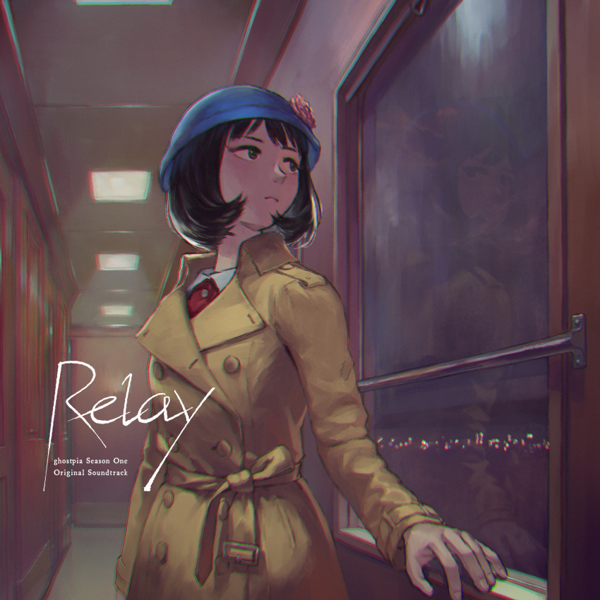 1girl, absurdres, album_cover, arm_at_side, black_hair, blue_hat, bob_cut, city_lights