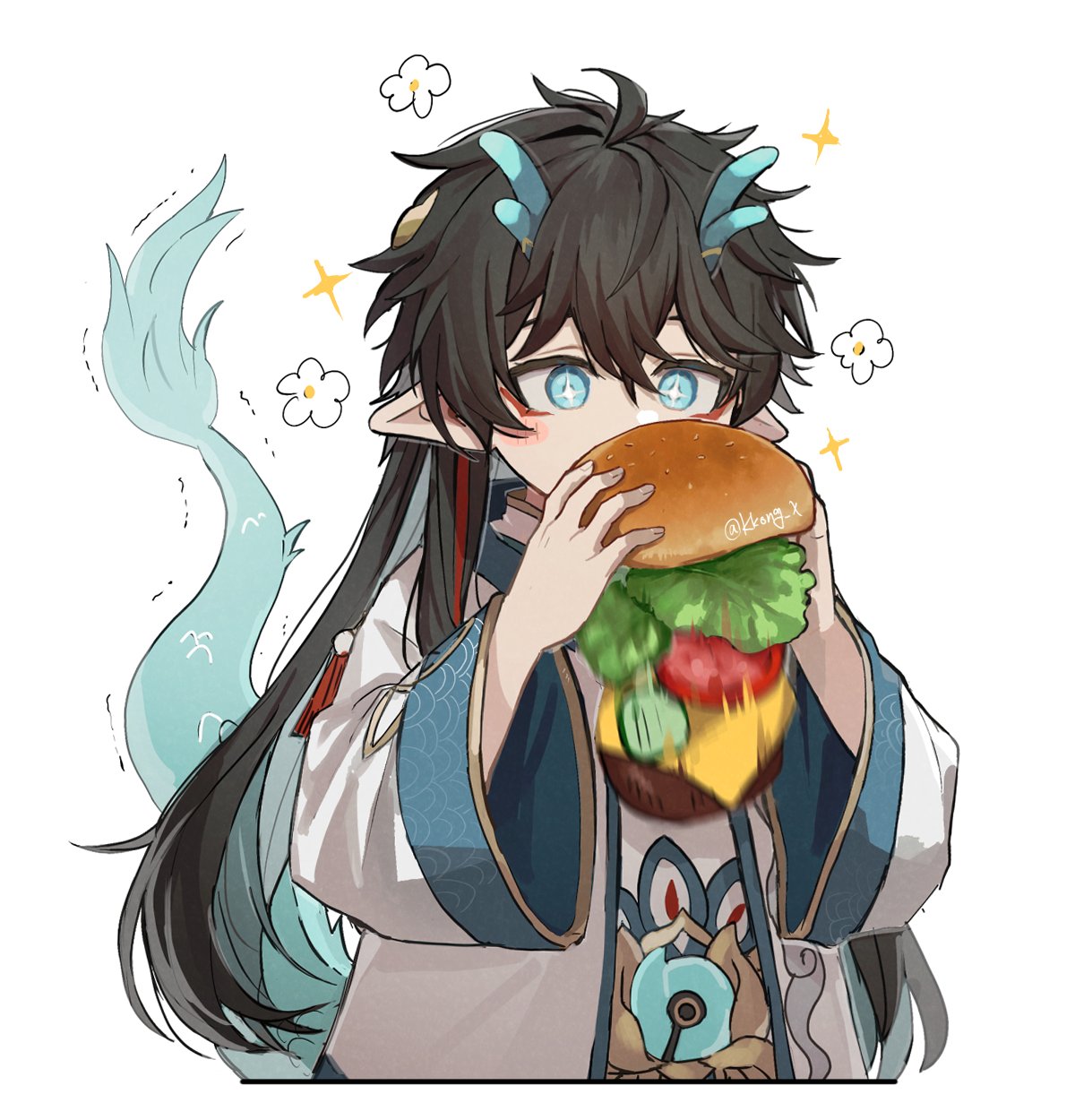 +_+, 1boy, aged_down, ahoge, aqua_eyes, aqua_hair, aqua_horns, aqua_tail