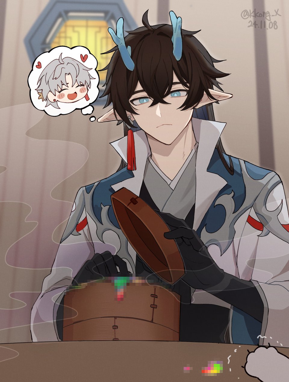 2boys, :<, :d, ^_^, ahoge, artist_name, bad_food, bamboo_steamer, black_gloves, black_hair, blade_(honkai:_star_rail), blue_eyes, blue_horns, blurry, blurry_background, censored, censored_food, chibi, chinese_clothes, closed_eyes, closed_mouth, coat, collared_coat, commentary, crossed_bangs, dan_feng_(honkai:_star_rail), dan_heng_(honkai:_star_rail), dan_heng_(imbibitor_lunae)_(honkai:_star_rail), dated, dragon_horns, earrings, eastern_dragon_horns, food, gloves, grey_hair, hair_between_eyes, heart, highres, honkai:_star_rail, honkai_(series), horns, indoors, jewelry, kkong_x, long_hair, long_sleeves, looking_at_viewer, male_focus, multiple_boys, open_clothes, open_coat, open_mouth, pointy_ears, single_earring, smile, solo_focus, speech_bubble, symbol-only_commentary, tassel, tassel_earrings, thought_bubble, twitter_username, upper_body, white_coat, wide_sleeves, window, yingxing_(honkai:_star_rail)