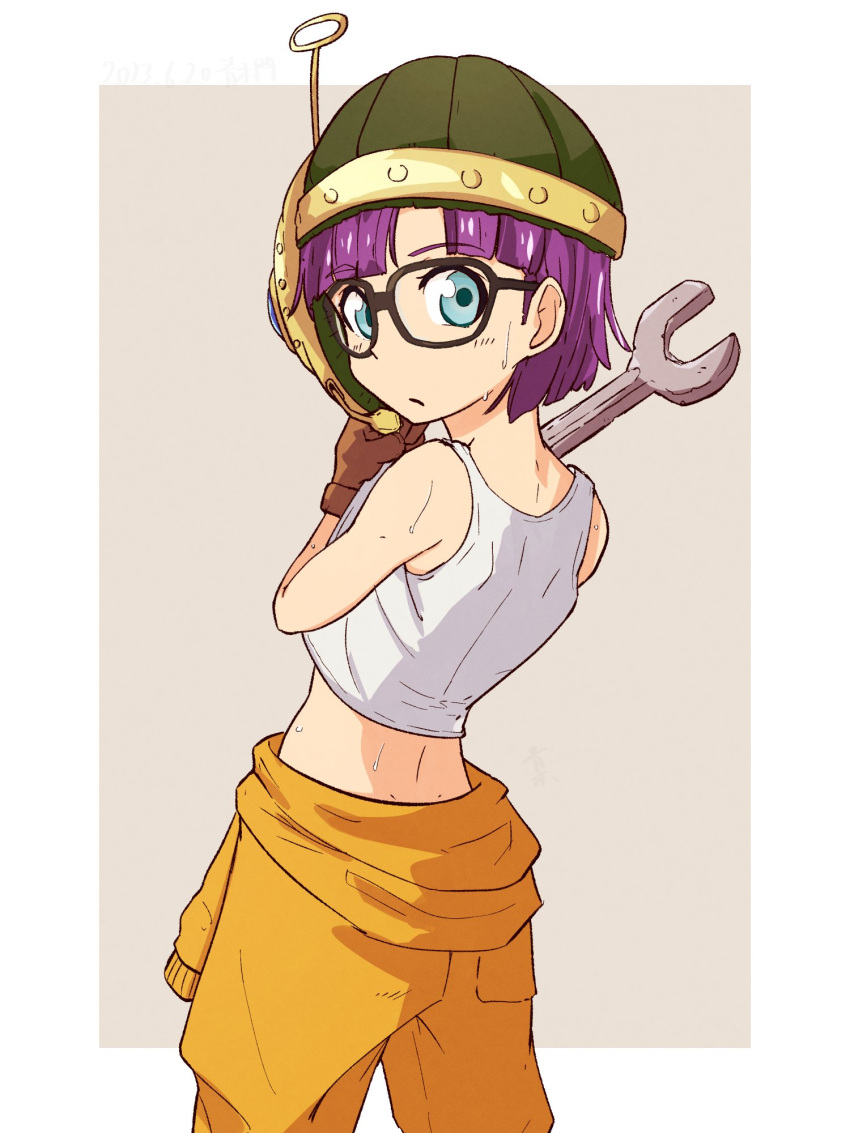 1girl, blue_eyes, bluearcadegames, brown_gloves, chrono_trigger, closed_mouth, glasses, gloves