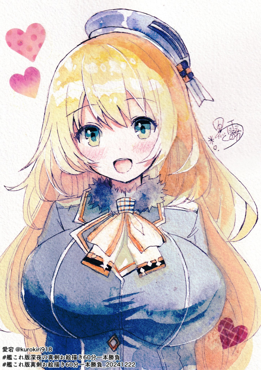 1girl, atago_(kancolle), beret, blonde_hair, blush, breasts, fantasydolce, green_eyes