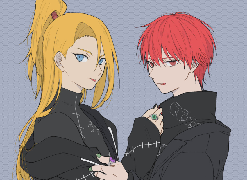 2boys, bad_id, bad_poipiku_id, black_jacket, black_nails, black_shirt, blonde_hair, blue_eyes