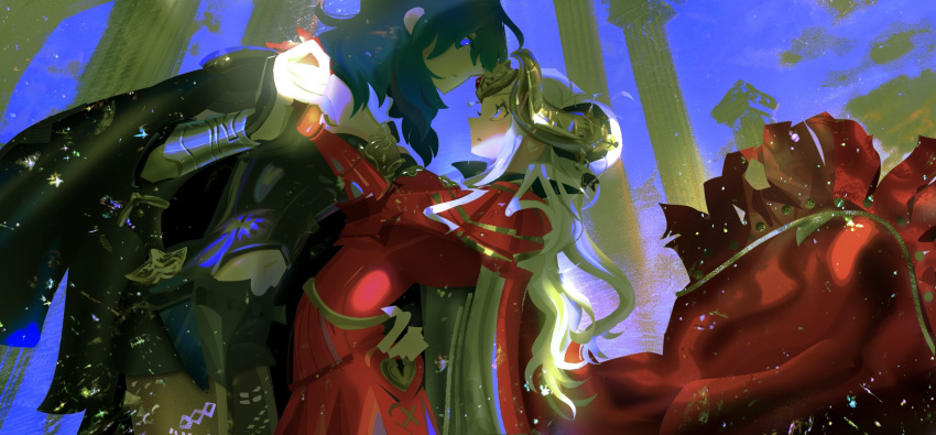 2girls, arm_up, black_jacket, black_pantyhose, black_shorts, blue_eyes, blue_sky, breast_press, breasts, byleth_(female)_(fire_emblem), byleth_(fire_emblem), cape, closed_mouth, clouds, cloudy_sky, collared_cape, commentary_request, couple, crop_top, ct21k, dancing, double_bun, dress, edelgard_von_hresvelg, fake_horns, fire_emblem, fire_emblem:_three_houses, from_side, gloves, glowing, glowing_eyes, green_hair, hair_between_eyes, hair_bun, hair_up, hand_on_another's_ass, hand_up, headpiece, high_collar, highres, holding, holding_hands, horns, jacket, jacket_on_shoulders, jewelry, large_breasts, leaning_back, leaning_forward, long_dress, long_hair, long_sleeves, looking_at_another, looking_down, looking_up, multicolored_background, multiple_girls, open_clothes, open_jacket, outdoors, pantyhose, parted_lips, pendant, red_cape, red_dress, red_gloves, short_shorts, shorts, sky, standing, violet_eyes, wavy_hair, white_hair, wide-eyed, yuri