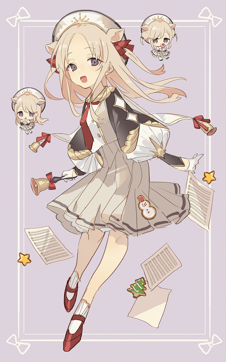 3girls, alternate_costume, animal_ears, bell, blue_little_pig_(sinoalice), cake, cake_slice, chibi