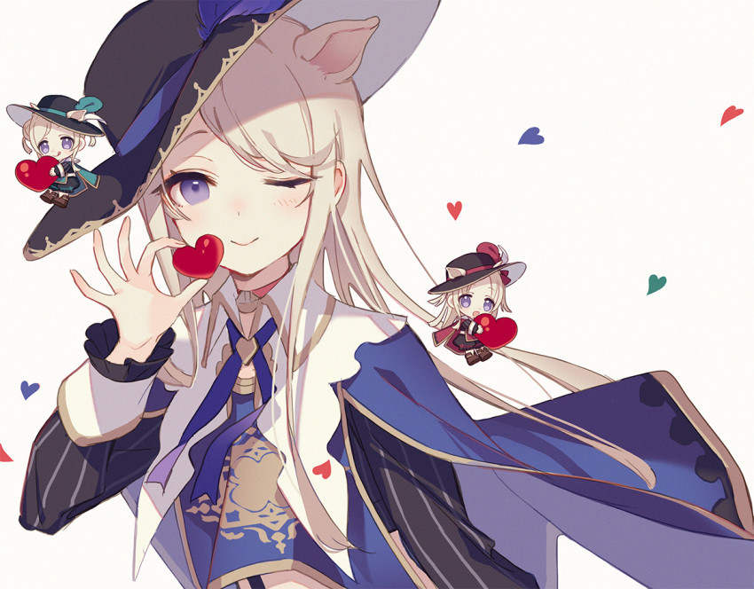 3girls, animal_ears, blonde_hair, blue_eyes, blue_little_pig_(sinoalice), blush, capelet, chibi