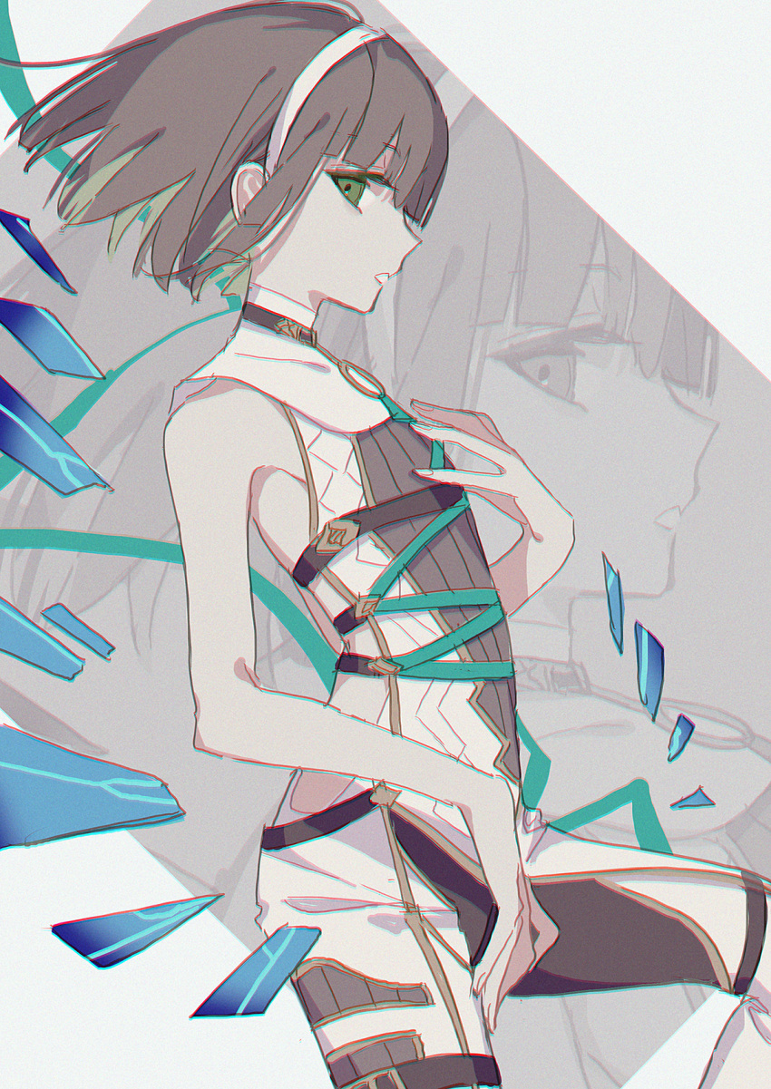 1boy, blunt_bangs, bob_cut, bodysuit, choker, chromatic_aberration, green_eyes, gretel_(sinoalice)