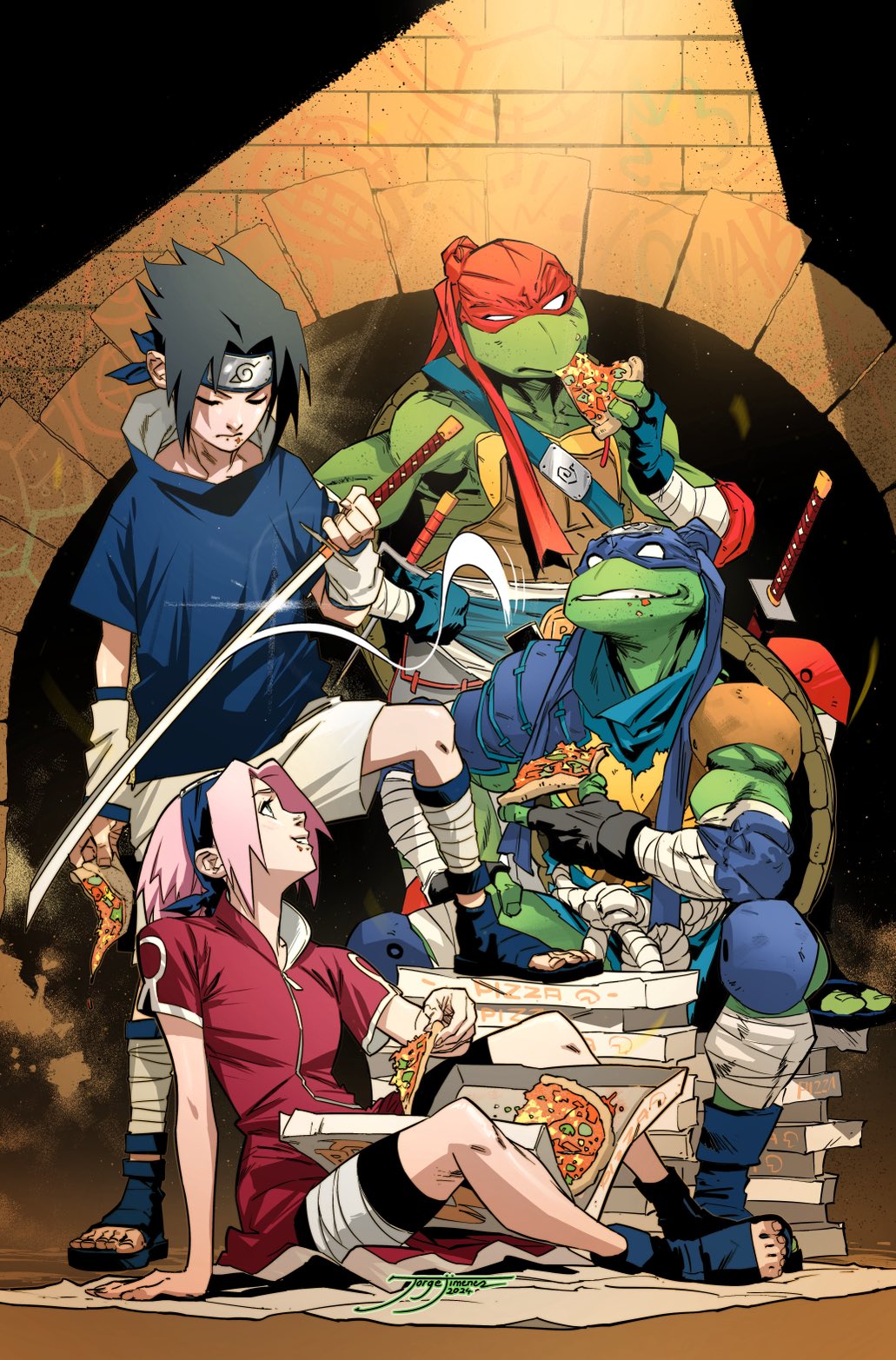 1girl, 3boys, bandana, black_hair, commentary, crossover, eating, english_commentary