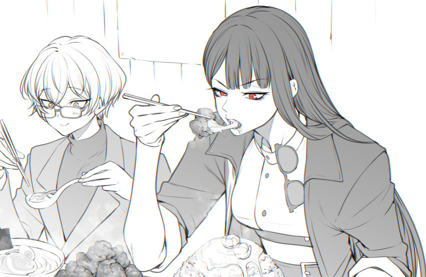 1boy, 1girl, black_hair, chopsticks, eating, food, highres, limbus_company, maki_maki_(makimakipoipoi), project_moon, red_eyes, ryoshu_(project_moon), shrimp, sinclair_(project_moon), unworn_eyewear, yellow_eyes