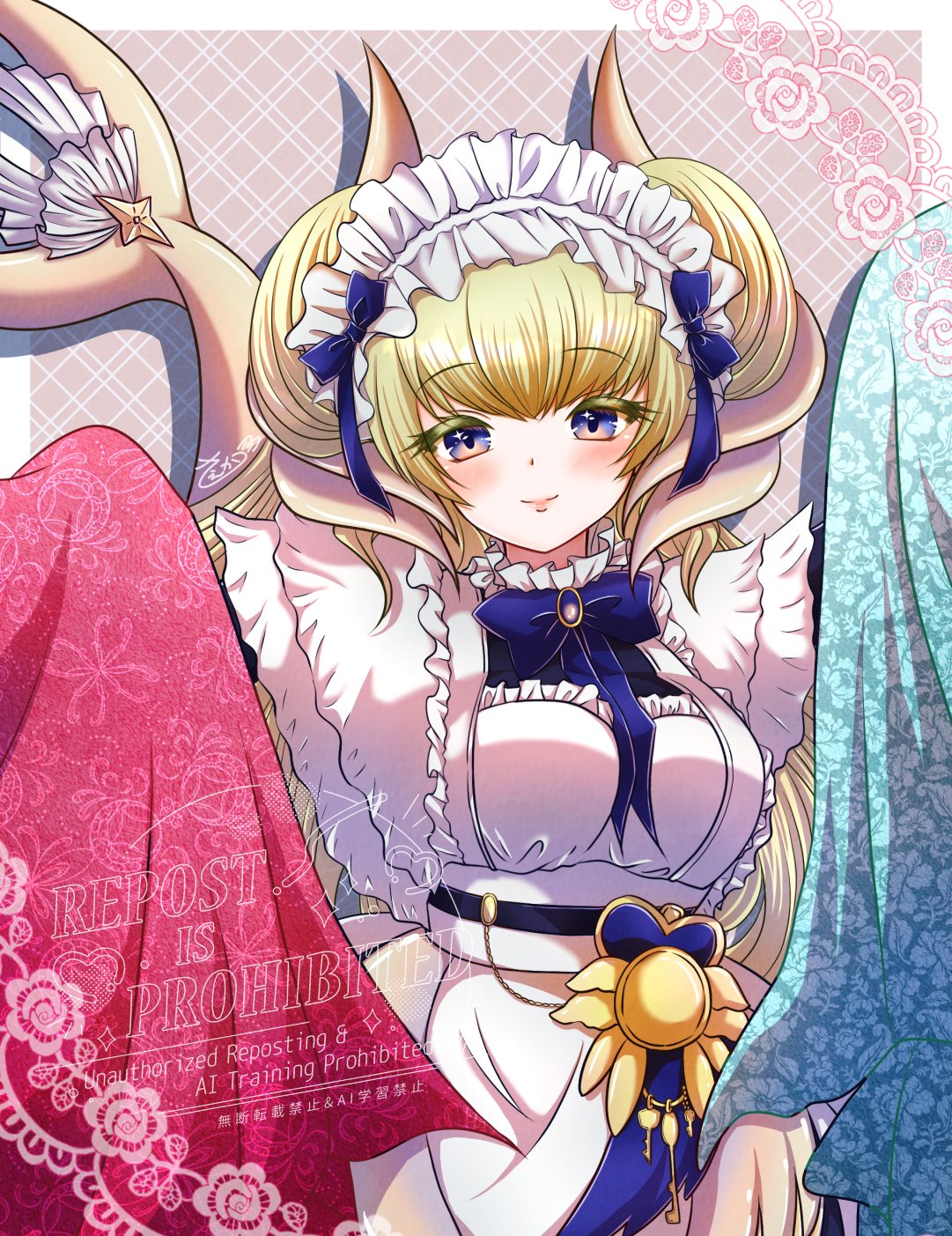 1girl, blonde_hair, blush, border, breasts, cowboy_shot, dragon_girl, dragon_horns