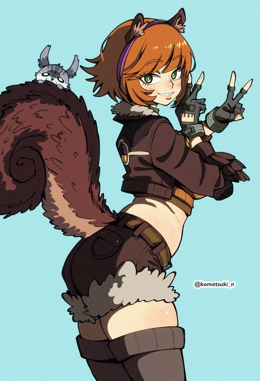 1girl, absurdres, acorn, acorn_earrings, acorn_print, animal_ears, breasts, brown_hair, brown_jacket, brown_tail, crop_top, fluffy_tail, freckles, gloves, green_eyes, highres, jacket, komatsuki_n, large_tail, looking_at_viewer, marvel, marvel_rivals, orange_hair, short_hair, solo, squirrel, squirrel_ears, squirrel_girl, squirrel_girl_(marvel), squirrel_tail, tail, thick_thighs, thigh-highs, thighs, tippy-toe
