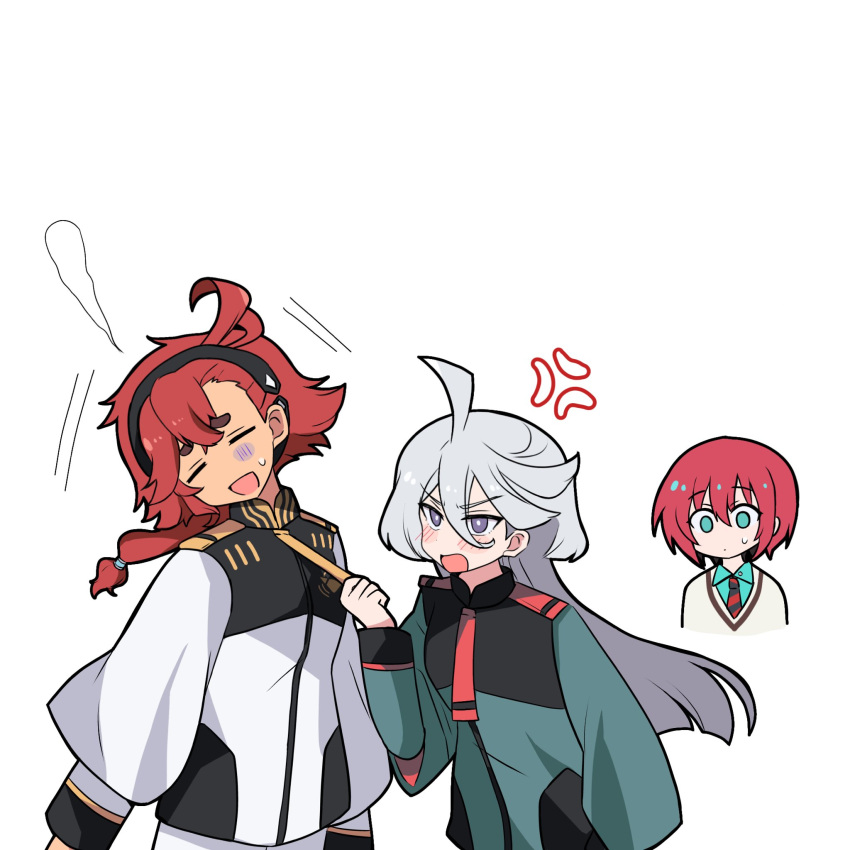 3girls, ahoge, amate_yuzuriha, asticassia_school_uniform, black_hairband, blue_eyes, blush, closed_eyes, crossover, grey_eyes, grey_hair, gundam, gundam_gquuuuuux, gundam_suisei_no_majo, hair_between_eyes, hairband, highres, jacket, lemoontya, long_hair, long_sleeves, miorine_rembran, multiple_girls, open_mouth, redhead, school_uniform, simple_background, smile, suletta_mercury, thick_eyebrows, white_hair, yuri