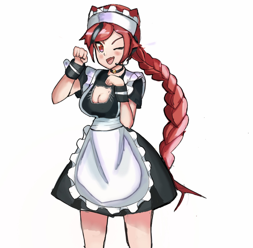 animal_ears, apron, bell, braid, cat_ears, drawing4justice, girls_frontline, highres, jingle_bell, maid, maid_apron, red_eyes, single_braid, yeet_cannon