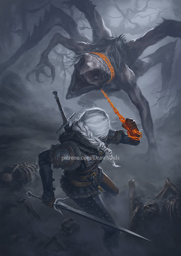 1girl, braid, brown_gloves, chain, ciri, claws, commentary, draw_souls