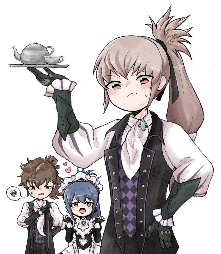 1girl, 2boys, alternate_costume, apron, black_bridal_gauntlets, black_dress, black_feathers, bridal_gauntlets