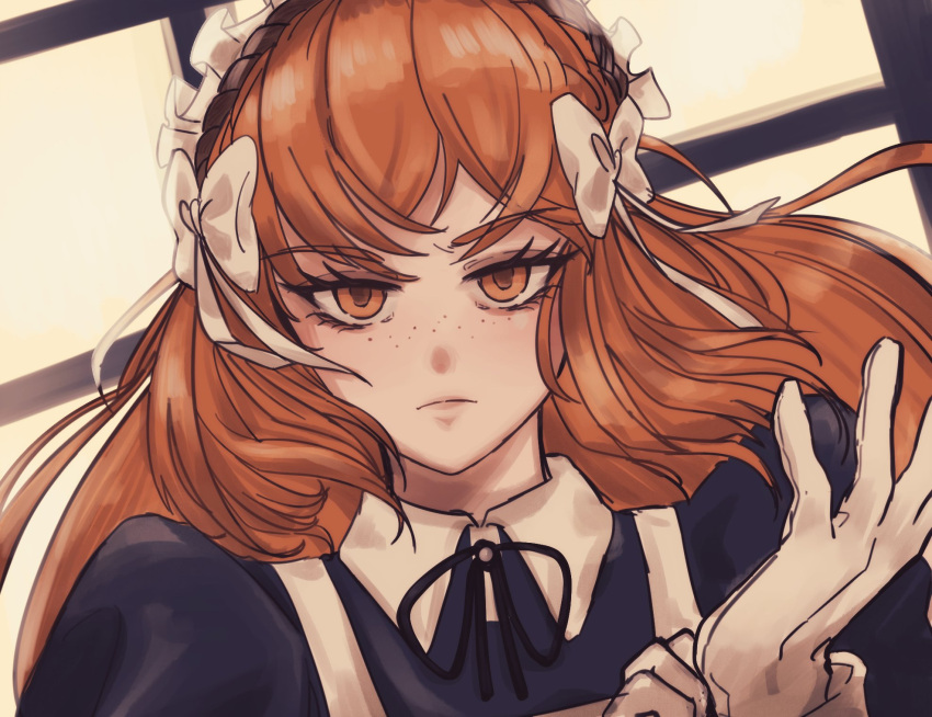 1girl, adjusting_clothes, adjusting_gloves, bow, collared_shirt, freckles, frown, gloves