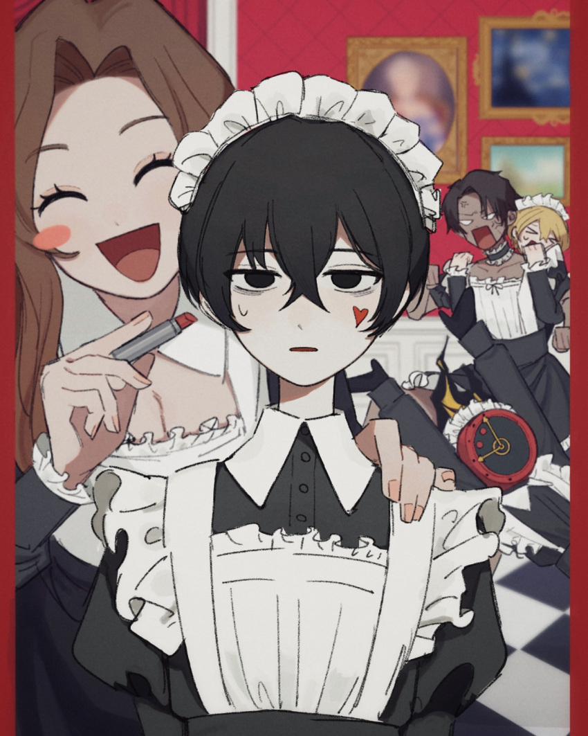 1girl, 1other, 3boys, apron, black_dress, black_eyes, black_hair, blush_stickers