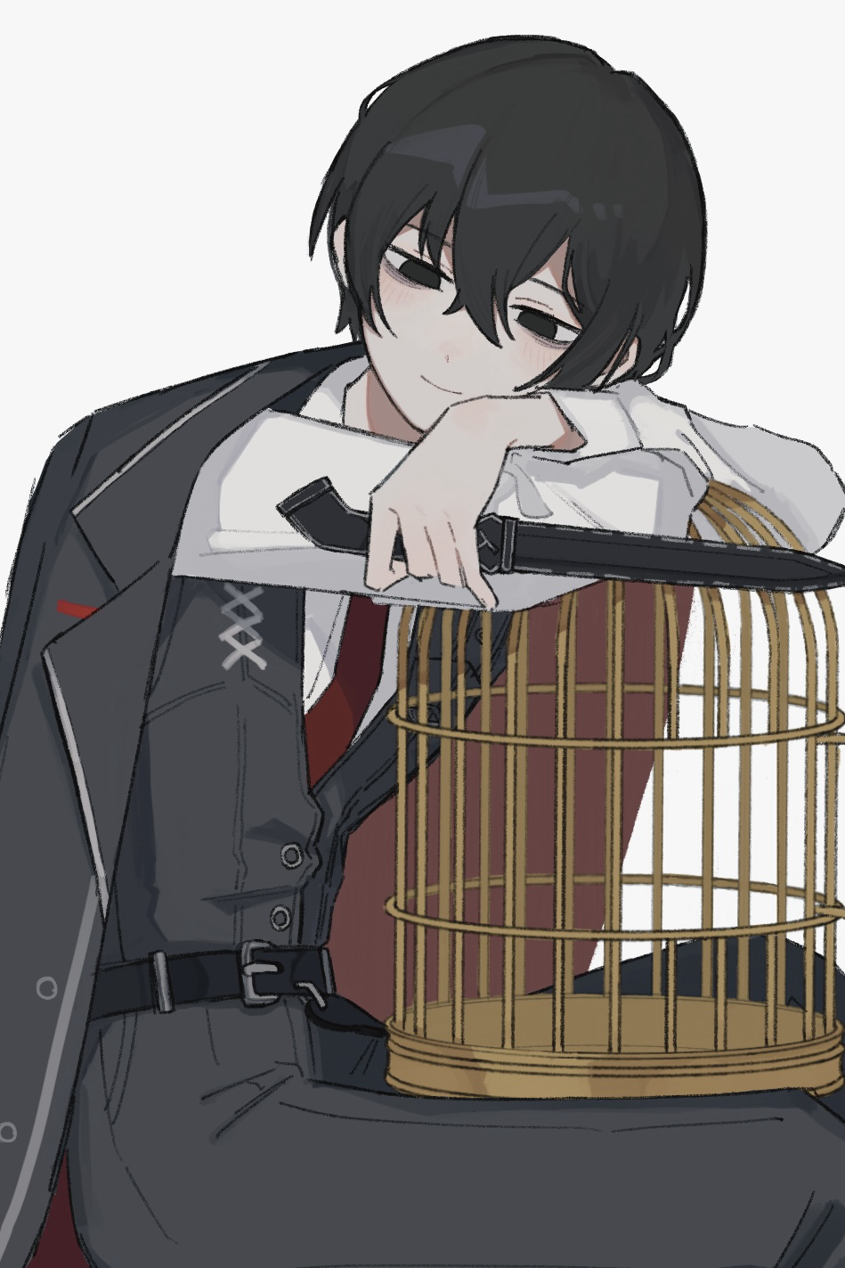 1boy, belt, birdcage, black_belt, black_coat, black_eyes, black_hair, black_pants
