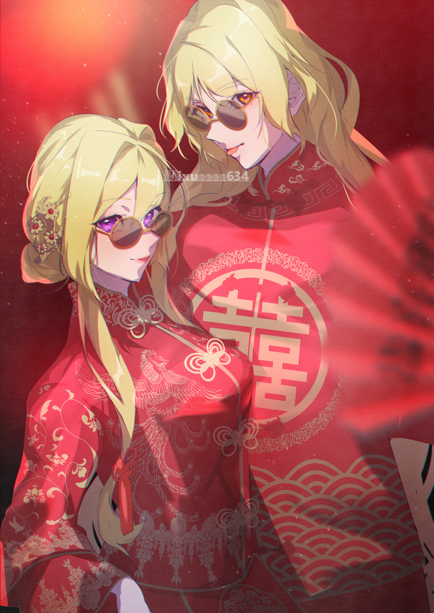 1boy, 1girl, blonde_hair, changpao, chinese_clothes, double_happiness, dragon_print, genderswap