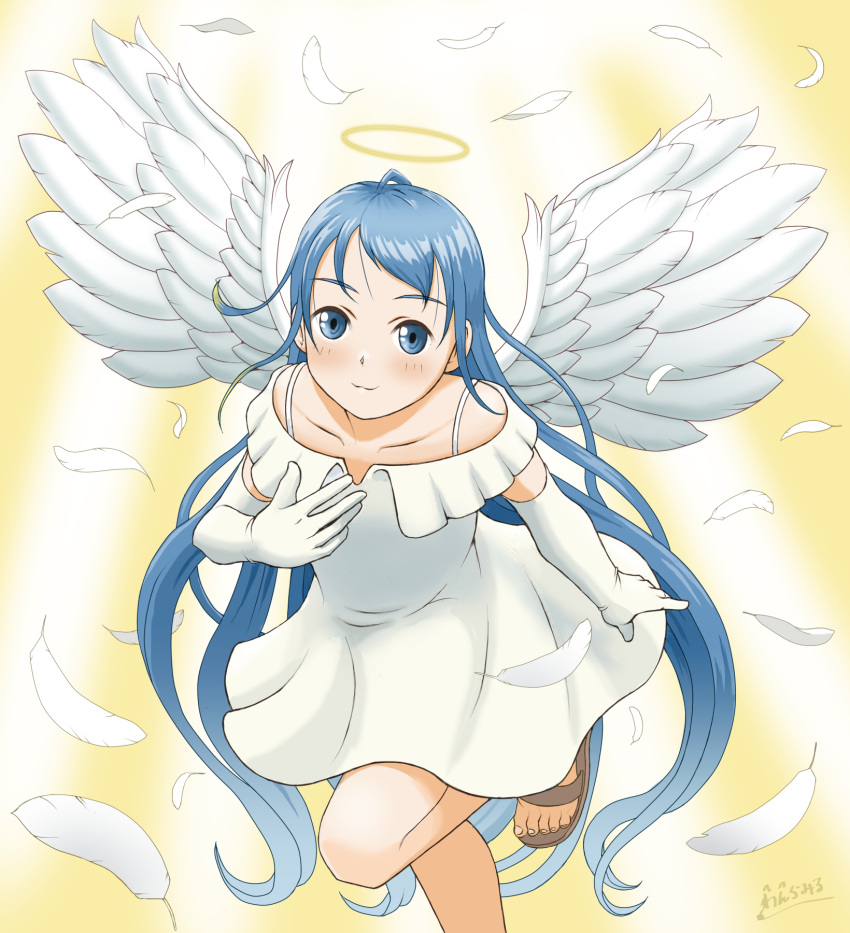 1girl, angel_wings, blue_eyes, blue_hair, collarbone, dress, elbow_gloves, feathered_wings