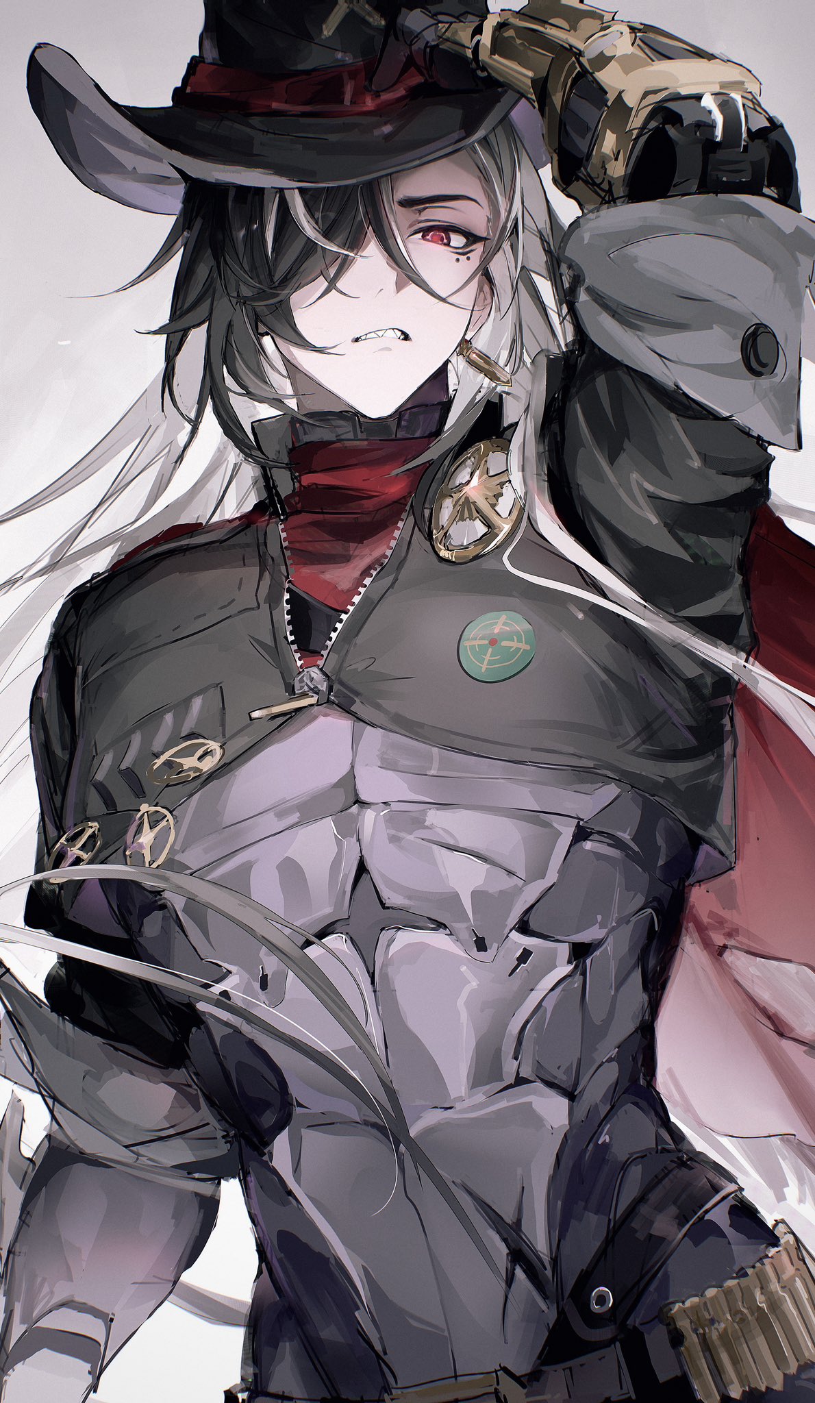 1boy, ammunition_belt, belt, black_hair, black_hat, black_jacket, boothill_(honkai:_star_rail), brown_belt, bullet_earrings, cape, cowboy_hat, cropped_jacket, cyborg, earrings, grey_hair, hair_over_one_eye, hand_on_own_hat, hat, highres, honkai:_star_rail, honkai_(series), jacket, jewelry, long_hair, looking_at_viewer, male_focus, mechanical_arms, multicolored_hair, parted_lips, red_cape, red_eyes, sharp_teeth, simple_background, sitismlip00, solo, streaked_hair, teeth, white_background
