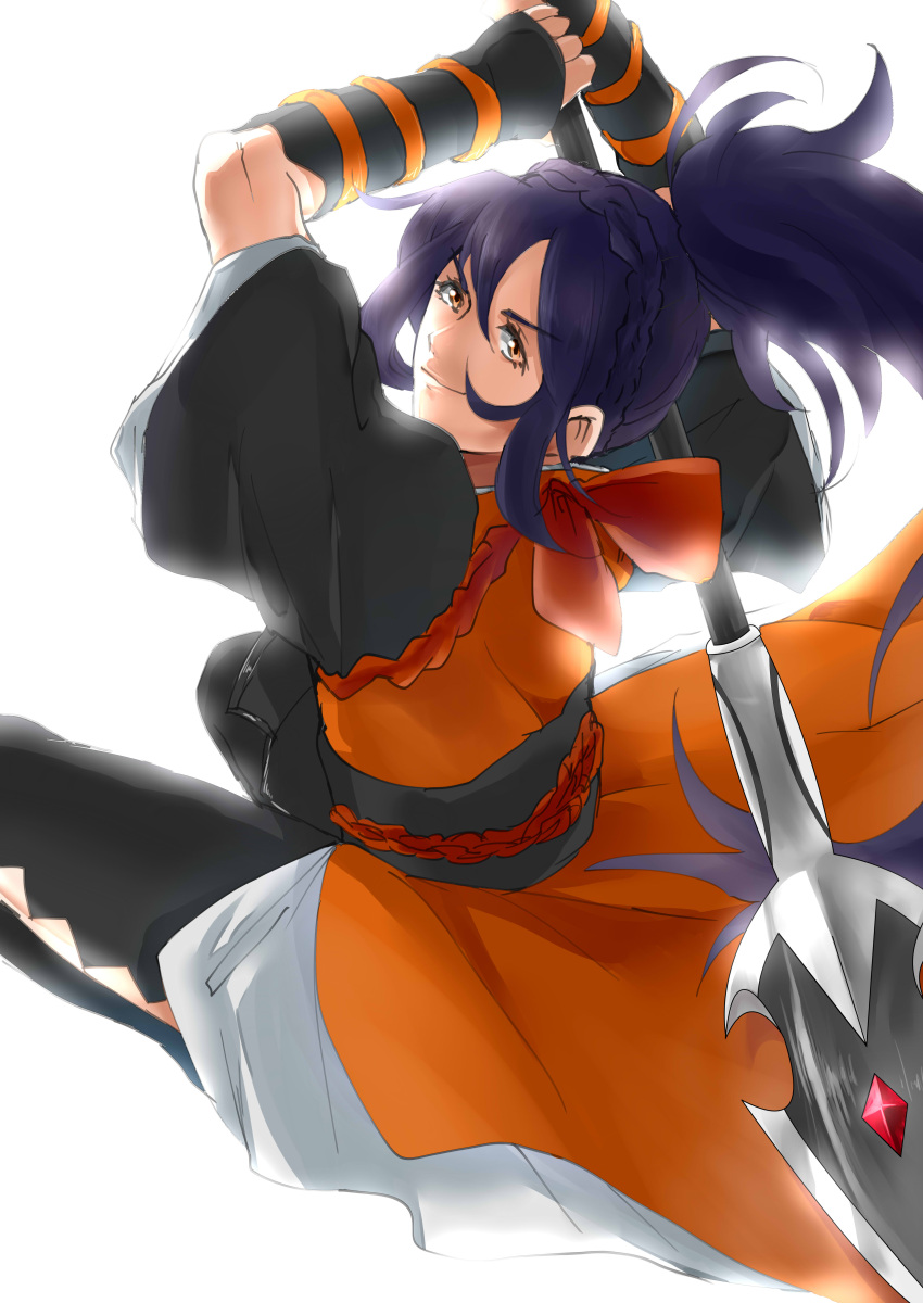 1girl, absurdres, ao_mikan, blue_hair, braid, brown_eyes, crown_braid, dark_blue_hair, fire_emblem, fire_emblem_fates, hair_between_eyes, highres, japanese_clothes, long_hair, looking_at_viewer, oboro_(fire_emblem), ponytail, solo