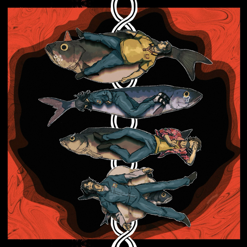 1girl, 3boys, animal, anya_(mouthwashing), black_footwear, black_hair, blue_jumpsuit, brown_hair