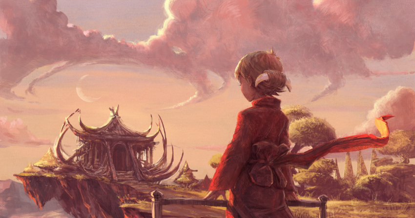1girl, absurdres, belt_ribbon, blonde_hair, cliff, clouds, david_revoy, hair_ornament