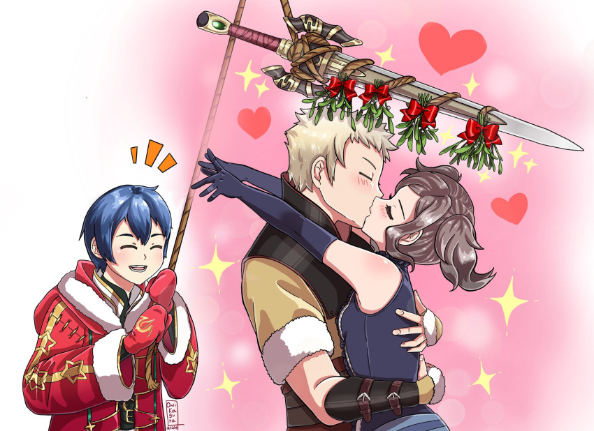 1boy, 2girls, blonde_hair, blue_gloves, blue_hair, brown_hair, christmas, closed_eyes