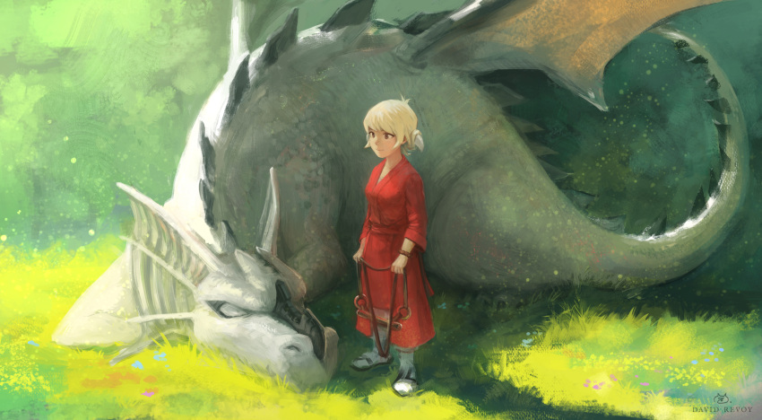 1girl, absurdres, blonde_hair, breasts, david_revoy, dragon, dragon_tail, dragon_wings