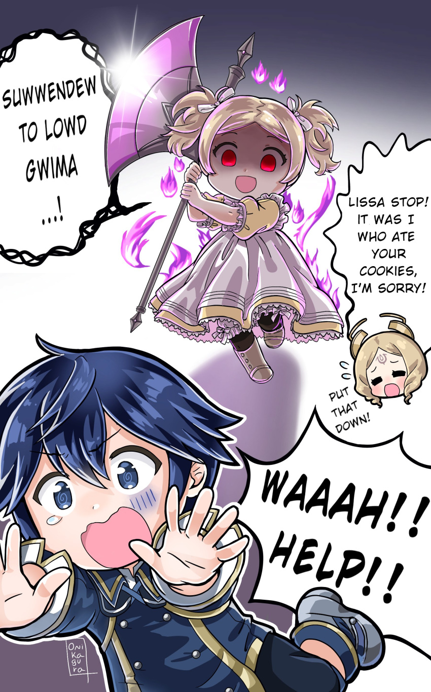 1boy, 2girls, absurdres, aged_down, axe, battle_axe, blonde_hair, blue_eyes