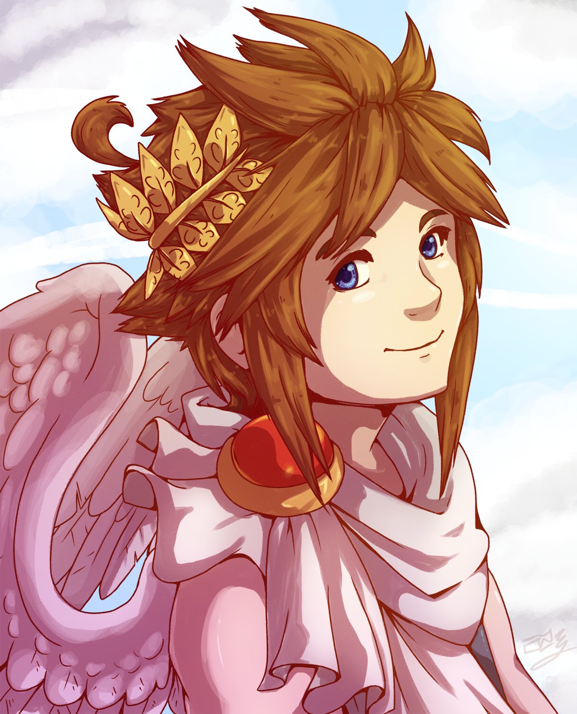 1boy, ahoge, angel, angel_wings, blue_background, blue_eyes, english_commentary, feathered_wings