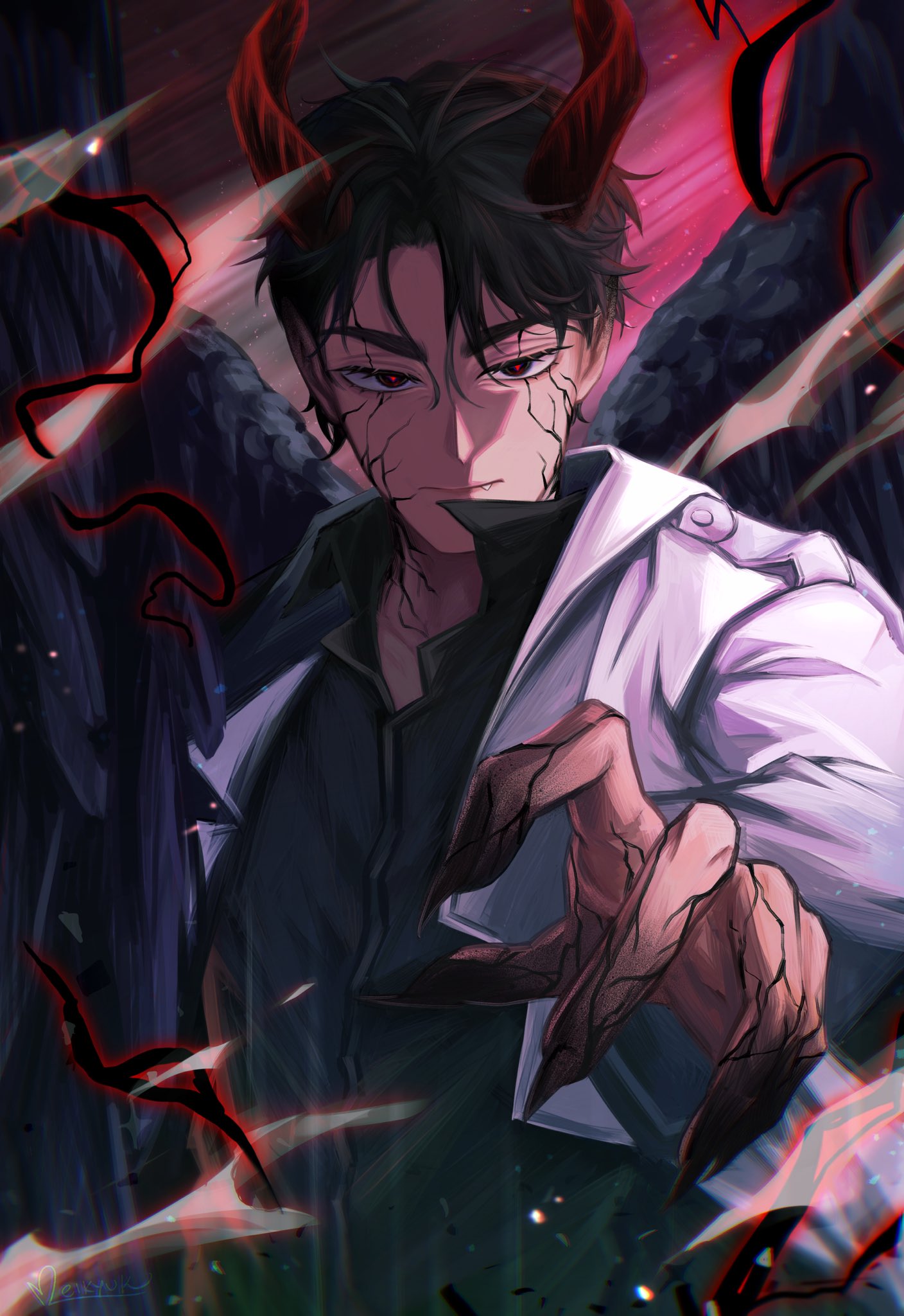1boy, alien_stage, black_eyes, black_hair, black_shirt, black_wings, claws, coat, collared_shirt, colored_extremities, commentary, cosplay, demon_horns, english_commentary, fang, highres, horns, ivan_(alien_stage), kim_dokja, kim_dokja_(cosplay), long_sleeves, male_focus, meikyuk, omniscient_reader's_viewpoint, outstretched_arm, red_horns, red_pupils, shirt, solo, upper_body, white_coat, wings