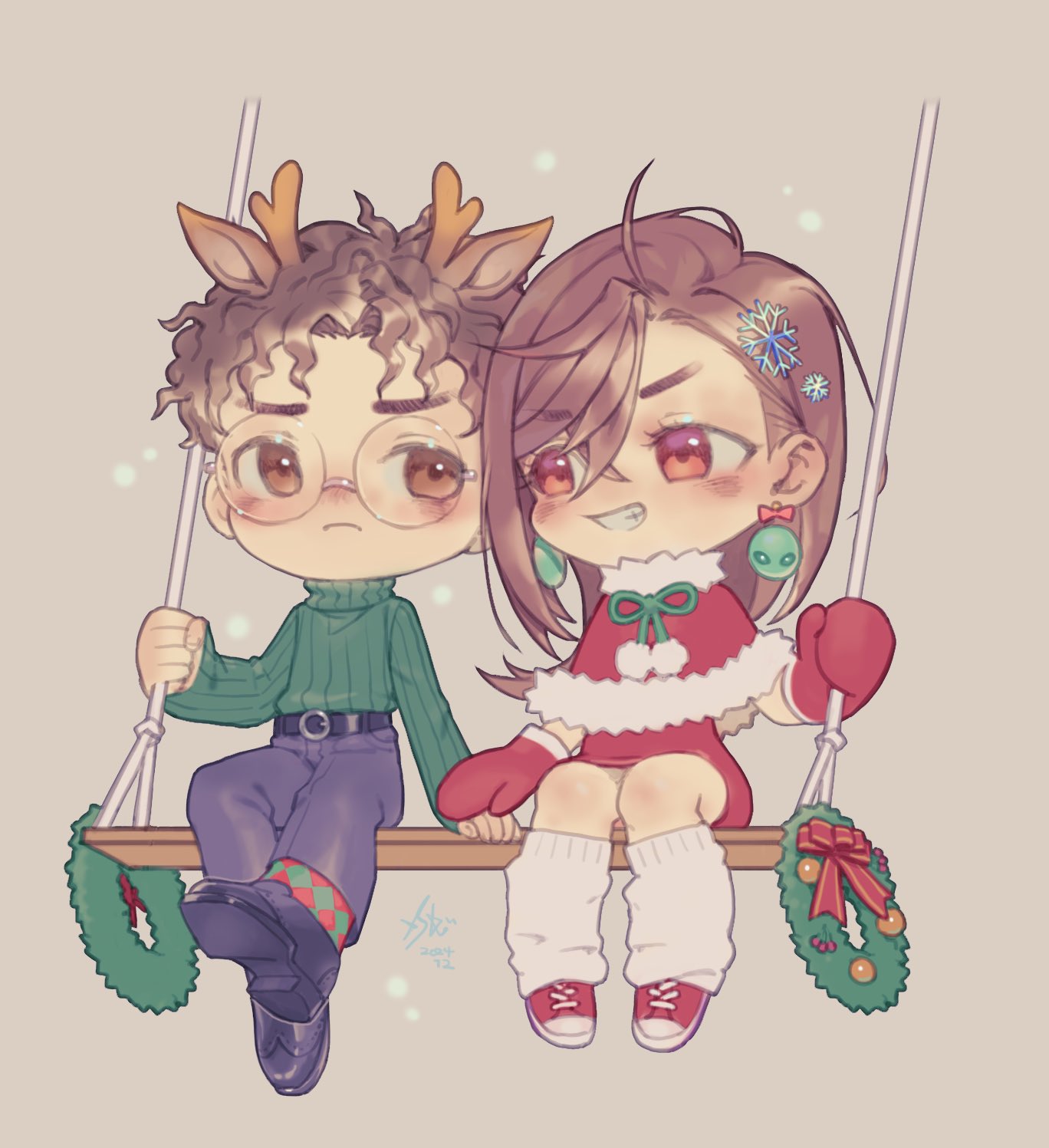 1boy, 1girl, animal_ears, antlers, ayase_momo, belt, belt_buckle, black_hair