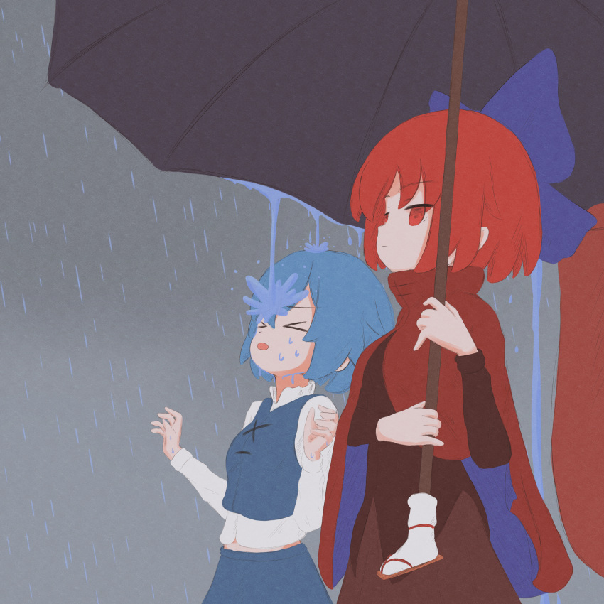 >o<, 2girls, absurdres, black_dress, blue_hair, blue_skirt, blue_vest, bow, cloak, closed_eyes, commentary, cowboy_shot, dark_background, dress, english_commentary, expressionless, goku_and_vegeta_in_the_rain_(meme), hair_bow, highres, holding, holding_umbrella, karakasa_obake, kokowoch, long_sleeves, meme, midriff_peek, multiple_girls, purple_bow, rain, red_eyes, redhead, sekibanki, shirt, short_hair, skirt, tatara_kogasa, touhou, umbrella, vest, wet, white_shirt