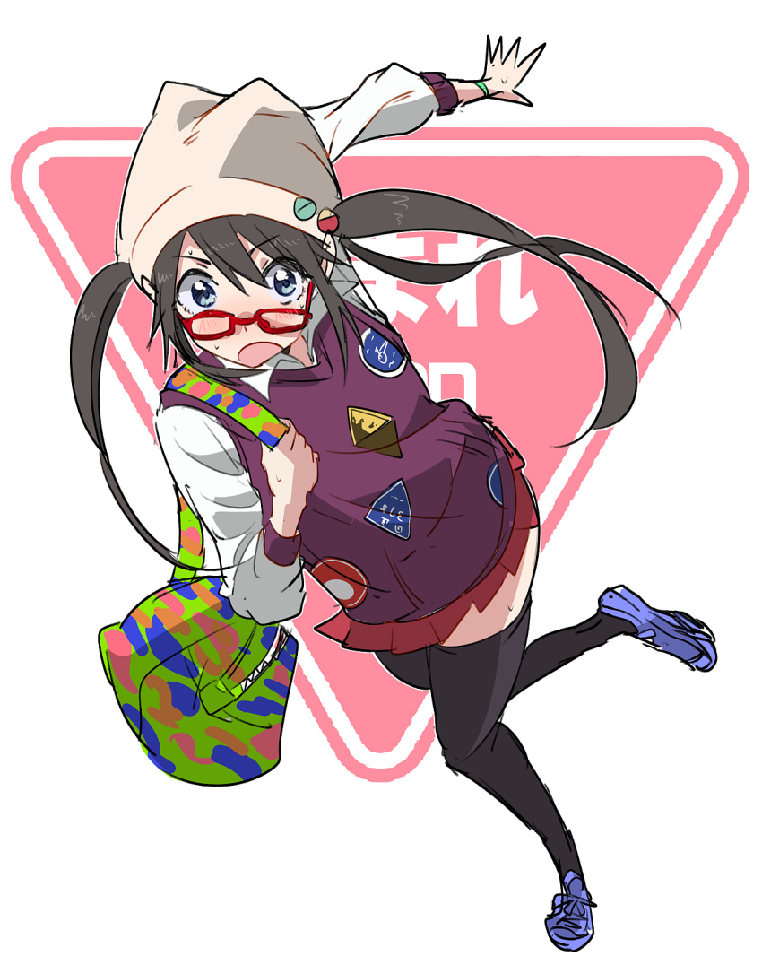 1girl, beanie, black_hair, black_thighhighs, blue_eyes, blue_footwear, collared_shirt, foreshortening