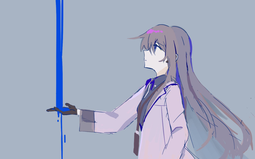 1girl, aozakihokushi, black_gloves, black_hair, blue_eyes, blue_shirt, closed_mouth, coat, collared_shirt, earpiece, english_commentary, expressionless, female_professor_(neural_cloud), girls'_frontline_neural_cloud, gloves, lab_coat, lanyard, long_hair, long_sleeves, looking_ahead, outstretched_arm, professor_(neural_cloud), shirt, simple_background, sketch, solo, upper_body, white_coat