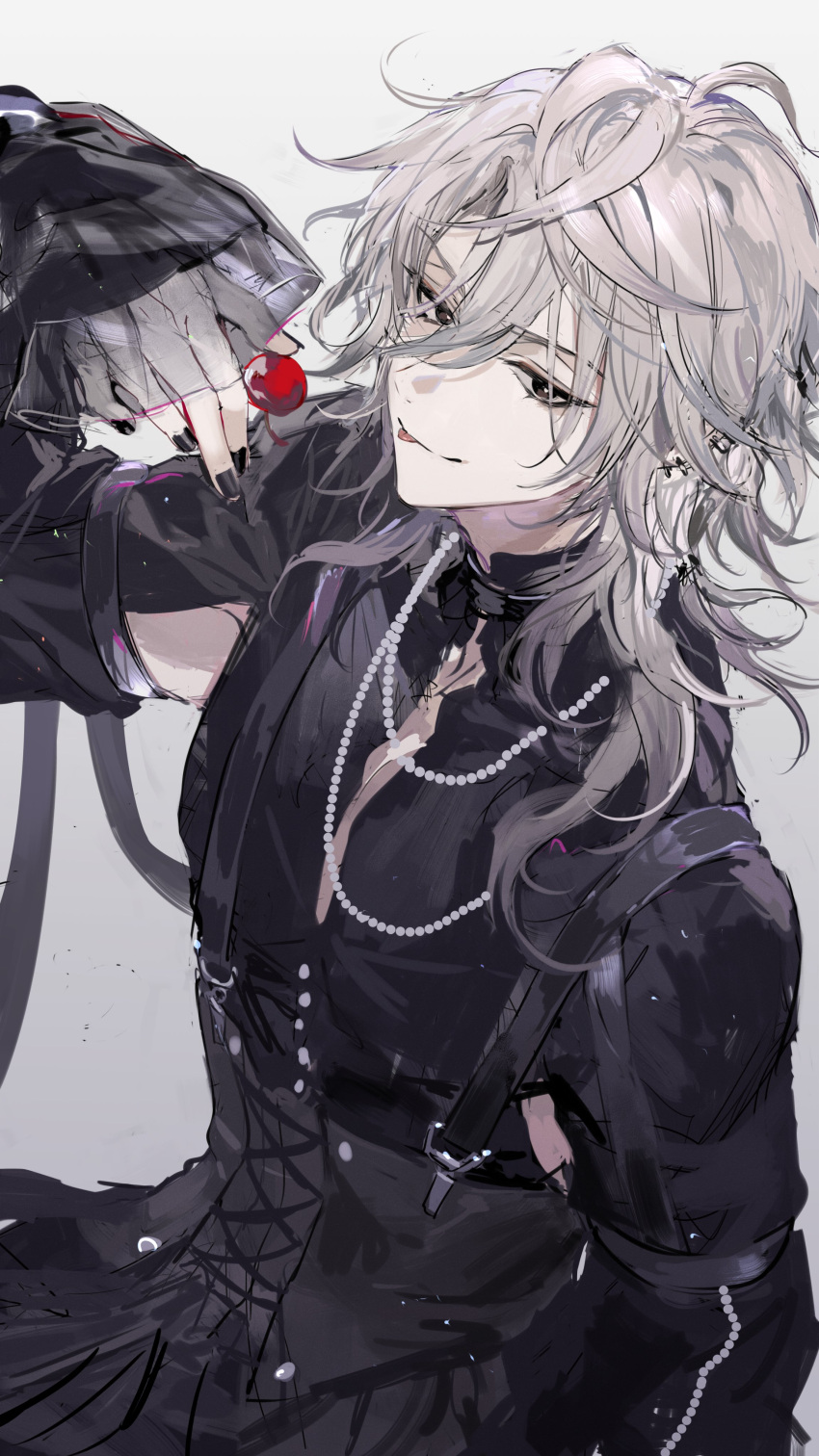 18trip, 1boy, absurdres, black_eyes, black_nails, cherry, domeki_kuguri, food