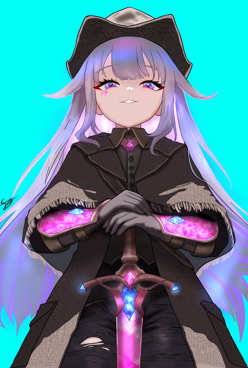 1girl, absurdres, arm_guards, black_coat, black_gloves, black_pants, bloodborne, blue_background, blunt_bangs, brooch, coat, collared_shirt, colored_inner_hair, cosplay, crystal, dfswift, eyelashes, facial_mark, from_below, gem, gloves, hair_flaps, hands_on_hilt, hat, highres, hololive, hololive_english, hunter_(bloodborne), hunter_(bloodborne)_(cosplay), jewelry, koseki_bijou, long_hair, long_sleeves, looking_at_viewer, multicolored_hair, pants, purple_hair, shaded_face, shirt, sidelocks, signature, smile, smug, solo, standing, straight-on, sword, torn_clothes, torn_pants, tricorne, violet_eyes, virtual_youtuber, weapon