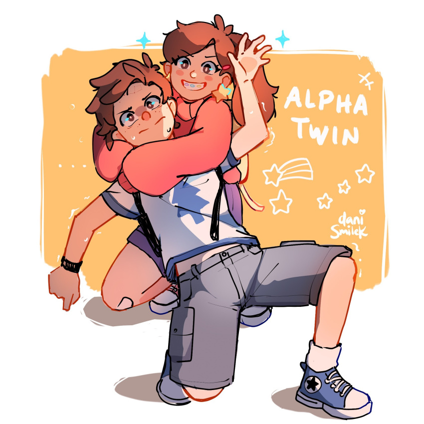1boy, 1girl, braces, brother_and_sister, brown_eyes, brown_hair, danismilek, dipper_pines