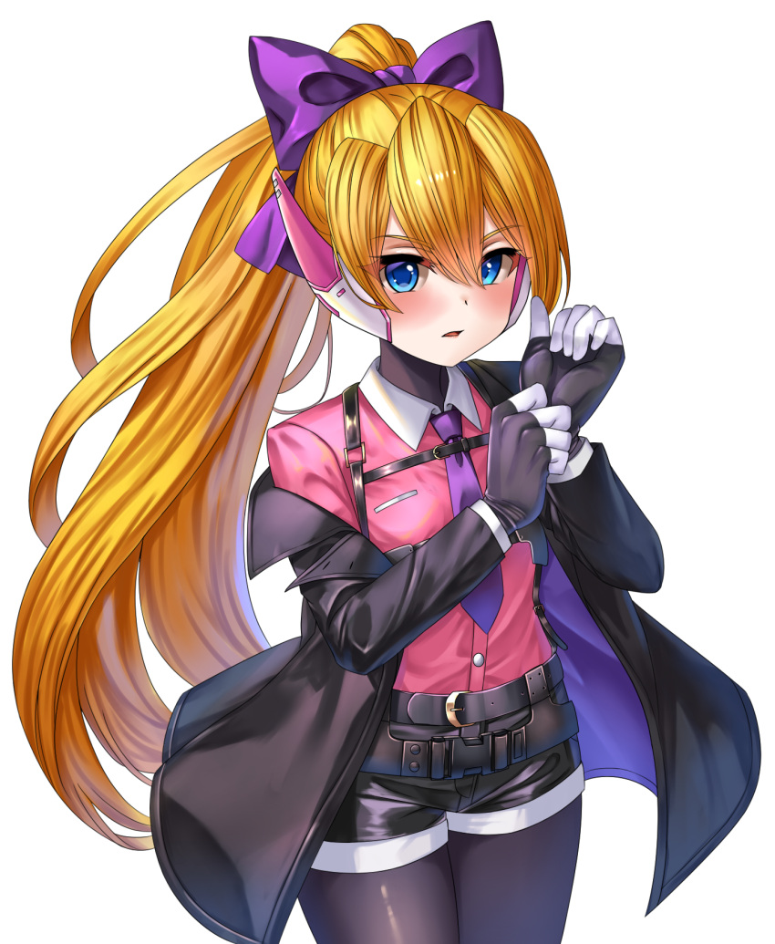 1girl, belt, blonde_hair, blue_eyes, bodystocking, bow, breasts, button-down_collar