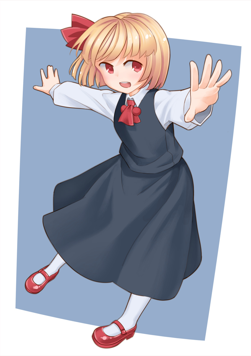 1girl, :d, absurdres, ascot, black_skirt, black_vest, blonde_hair, blue_background