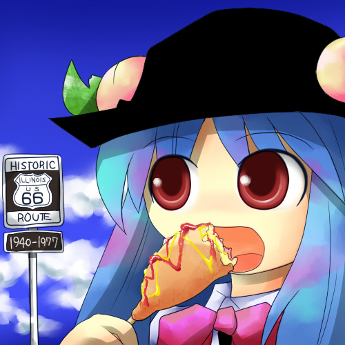 1girl, ayumi_tooru, blue_hair, cloud, clouds, corndog, eating, food, fruit, hat, hinanawi_tenshi, ketchup, lowres, mustard, peach, red_eyes, road_sign, sign, solo, touhou